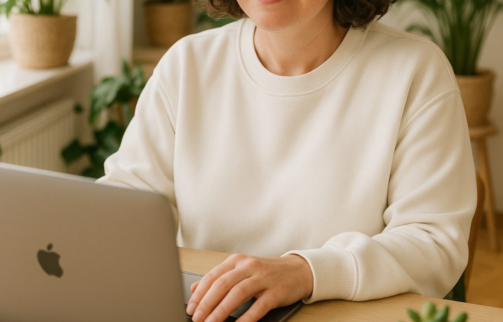 Jule sitzt am Tisch und arbeitet am Laptop, sichtbar sind eine Hand, der Hals, das Kinn und lockige Haare. Sie trägt ein hellbeiges Sweatshirt. Im Hintergrund sind grüne Zimmerpflanzen zu sehen.
